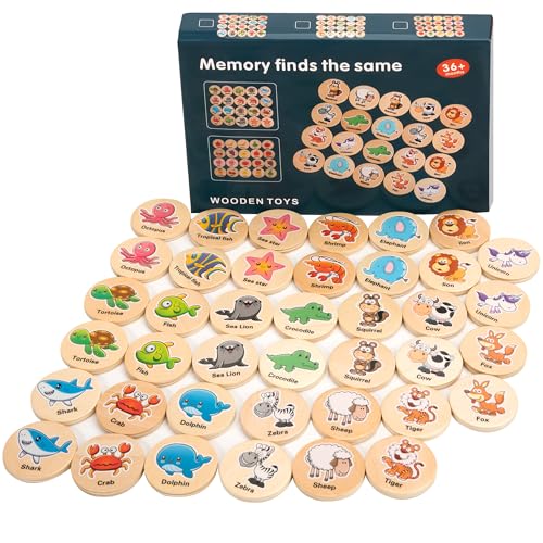 LYCHEON Memory-Spiel aus Holz, Legekartenspiel aus Matching mit Holz Kognitionskarten, Montessori Spielzeug für Kinder ab 4 6 Jahre (Tierwald und Meeresleben) von LYCHEON