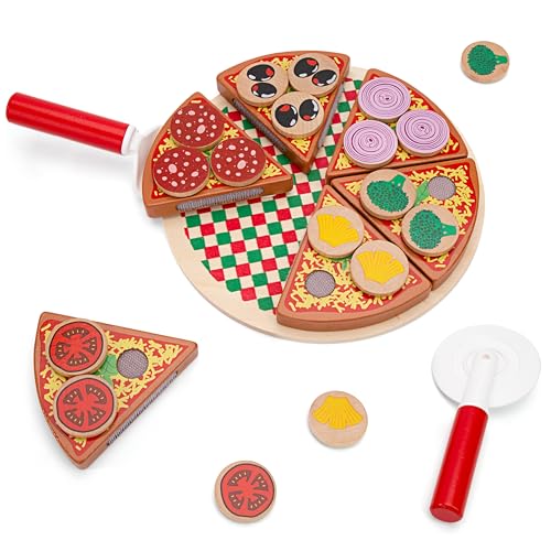 Pizza Set Holz Spielzeug Lebensmittel Kinder,Spielküche Schneidespielzeug Pädagogisches Rollenspiel Lernspielzeug Geschenk für Kinder 3 4 5 6+ Jahre von LYCHEON