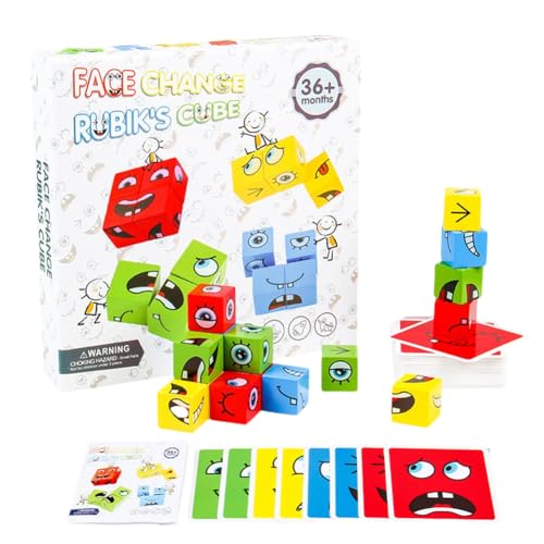 LYEAA Ausdrucks-Puzzle-Bausteine ​​mit Glocke, pädagogisches Montessori-Spielzeug, hölzernes Gesichtswechsel-Zauberwürfel-Spiel, Brettspiele für Kinder und Erwachsene, für den Familienabend von LYEAA