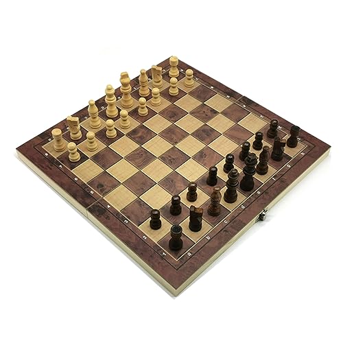 3-in-1-Schachspiel aus Holz, faltbares Schachbrettspielset mit Holzstück und Aufbewahrungsfächern, Reiseschach, Dame, Backgammon/Schachspiel von LYFDPN