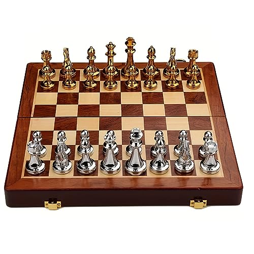 Holzschachspiel, klappbares Schachbrett, Deluxe-Schachspiel mit Metallschachfiguren und Aufbewahrungsfächern für Familienstrategiespiel/Schachspiel von LYFDPN