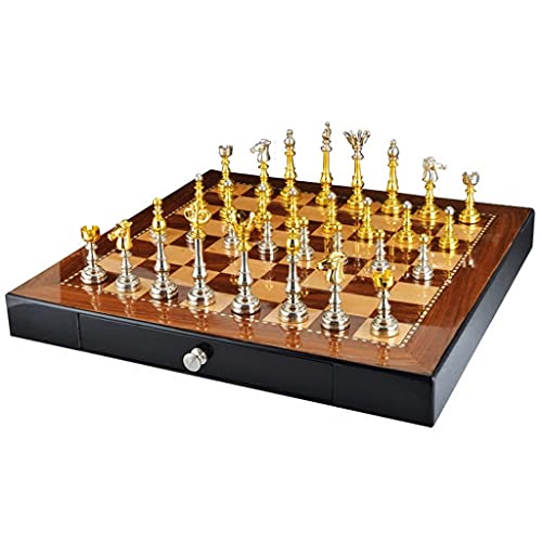 Schachbrett-Set, tragbares handgefertigtes Schachbrett aus Holz mit 2 Schubladen und goldenen und silbernen Schachfiguren aus Metall für Erwachsene von LYFDPN