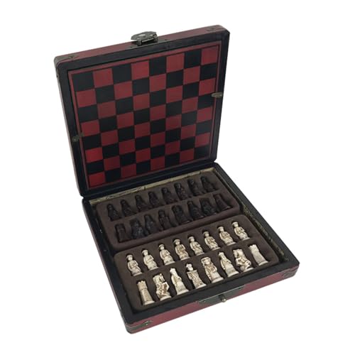 Schachspiel aus Holz, antikes Schachbrett mit Schachfiguren aus Kunstharz und Aufbewahrungsfächern, tragbares Reisebrettspiel von LYFDPN