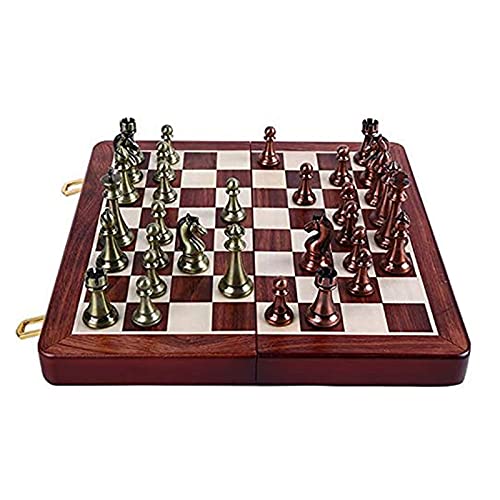 Schachspiel aus Metall, tragbares faltbares Schachbrettspiel aus Holz, handgefertigte Ritterschachkönigin-Schachbrettschachfiguren von LYFDPN