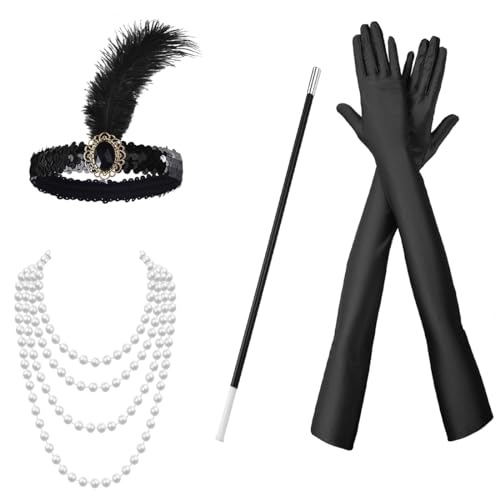 LYITZW 4 Teiliges 20er Jahre Accessoires, 1920 Zubehör Set, 1920er Accessoires Damen Charleston Accessoires Damen Great Gatsby Accessoires Damen Zubehör für Frauen, für Halloween Weihnachten von LYITZW