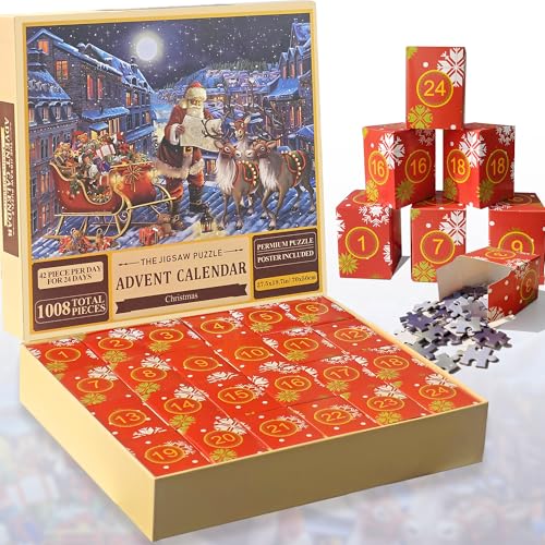 LYLIDIA Puzzle Adventskalender 2024 Puzzle Weihnachten 1000 Teile Puzzle Erwachsene Weihnachtspuzzle Weihnachtsmann, Rentier Wichtel Adventskalender 24 Tage Countdown bis Weihnachten Puzzle Geschenk von LYLIDIA