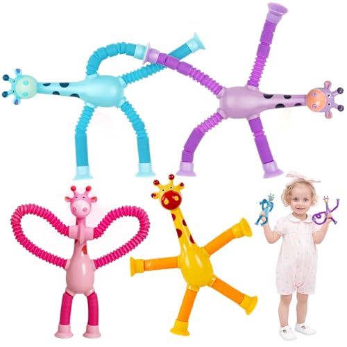 4 Stück Teleskop Giraffe Saugnapf Spielzeug, Giraffe Pop-Röhren Sensorik Spielzeug, Telescopic Suction Cup Giraffe Toy, Teleskop Giraffenspielzeug für Jungen Mädchen von LYNBLY