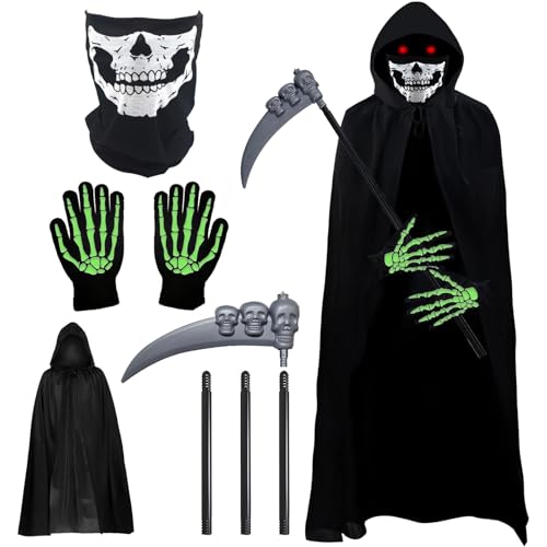 Sensenmann Kostüm, Halloween Kostüm Sensenmann, Sensemann Umhang Set mit Sense, Schädelmaske, Umhang, Handschuhe, Grim Reaper Kostüm für Halloween Cosplay Karneval von LYNBLY