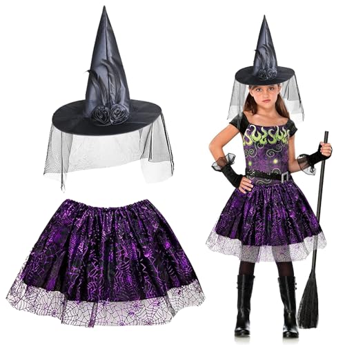 LYNBLY Halloween kostüm kinder, hexenkostüm kinder, Kinder Lila Hexenrock mit Schwarz Hexenhut, halloween kostüm kinder mädchen, für Karneval Halloween Cosplay Party Geburtstag Party von LYNBLY