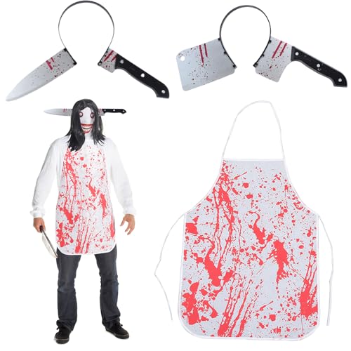 LYNBLY Halloween Schlächter Kostüm, Metzger Kostüm, Halloween Blutige Schürze, Halloween Messer im Kopf, Halloween Kostüm Horror, Kostüm Accessoire für Herren Damen Halloween Party Cosplay von LYNBLY