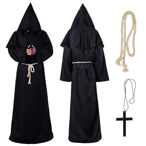 LYNBLY Mönch Robe Kostüm, Mönch Priester Gewand Kostüm mit Kreuz und Kordel, Mittelalter Renaissance Hooded Mönch Kostüm, Prister Robe mit Kapuze für Halloween Karneval Cosplay von LYNBLY