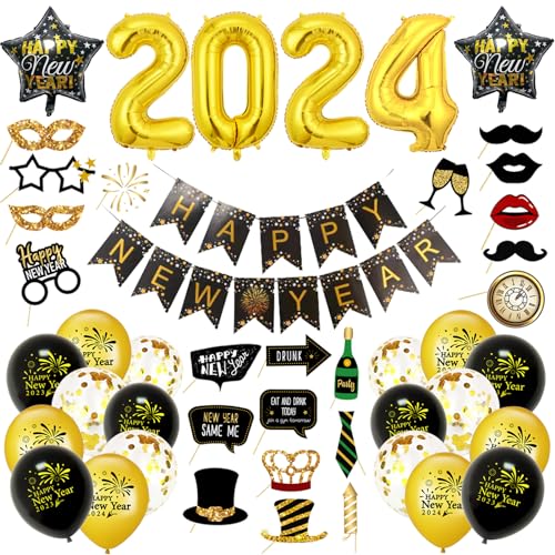 Silvester Deko 2025, 48 Stück Happy New Year Deko, Happy New Year Banner, 2025 Folienballons, Fotorequisiten, Konfetti Ballons, Neujahrsdeko, Silvesterpartydeko Accessoire für Silvesterparty von LYNBLY