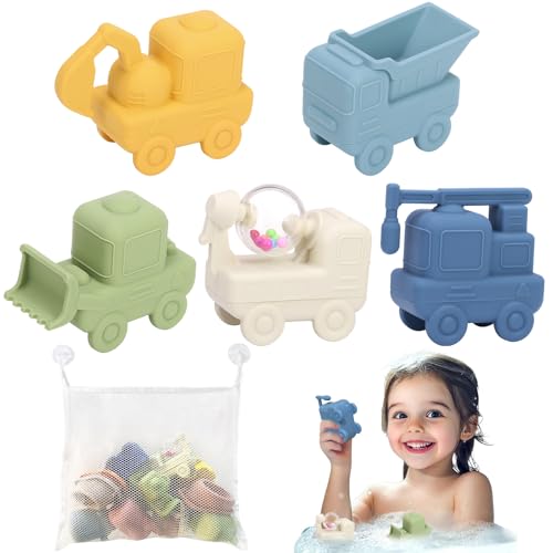 LYNSAN Badewannenspielzeug, Badespielzeug Silikon für Baby und Kinder, 5er-Pack Fahrzeuge Vehicles Badespielzeug, Wasserspielzeug Badewanne Pool Spielzeug, Spritztier, Auto, Lastwagen, Bagger von LYNSAN