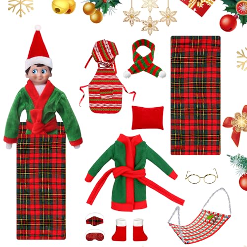 LYPPUL 11 Stück Weihnachten Elf Puppe Kostüm Zubehör, Weihnachtselfen Zubehör Hängematten mit Kopfkissen, Schuhe, Bademantel, Schlafsack, Schürze, Schal, Brille, Augenmaske, Kleidung Kleider für Elf von LYPPUL