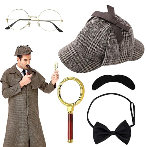 LYPPUL 5 Stück Detektiv Kostüm Zubehör Set, Sherlock Holmes Kostüm Accessoires, 1920er Jahre Detektiv Kostüm, Inklusive Detektivhut, Lupe, Brille, Krawatte & Bart für Halloween, Cosplay, Partys LYPPUL 5 Stück Detektiv Kostüm Zubehör Set, Sherlock Holmes Kostüm Accessoires, 1920er Jahre Detektiv Kostüm, Inklusive Detektivhut, Lupe, Brille, Krawatte & Bart für Halloween, Cosplay, Partys von LYPPUL