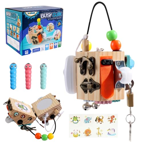 LYPPUL Busy Board Baby, Busy Activity Cube, Motorikwürfel Activity Würfel Montessori Lernspielzeug Holz 15-in-1 Fidget Cube Stresswürfel Tragbares Anti Stress Spielzeug für Kleinkinder ab 3 Jahren von LYPPUL