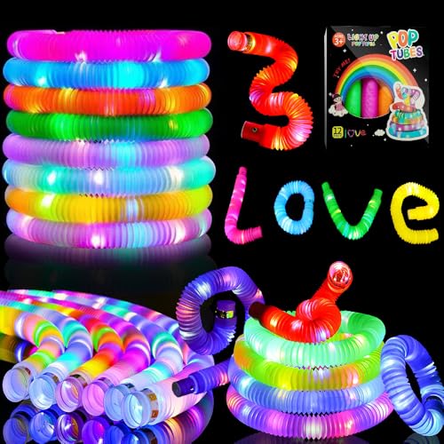 LYPPUL Knicklicht Pop Tubes, LED Pop Tubes Fidget Toys,12Stück Leuchtstäbe Kindergeburtstag gastgeschenke, Knicklichter Armbänder Party Deko Set, Leuchtstäbe Buntes Festival Zubehör Sensorik Spielzeug von LYPPUL