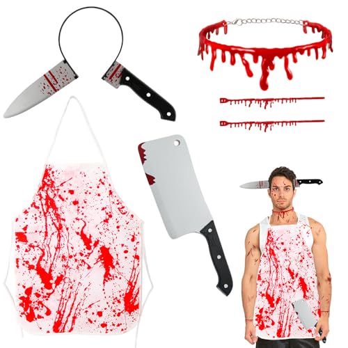 LYPPUL Metzger Kostüm Halloween, 6 Stück Halloween Schlachter, Halloween Kostüm Herren mit Blutige Schürze, Messer Haarband, Sägen Schlächter Kostüm für Kostüm Halloween Verkleidung Cosplay Party LYPPUL Metzger Kostüm Halloween, 6 Stück Halloween Schlachter, Halloween Kostüm Herren mit Blutige Schürze, Messer Haarband, Sägen Schlächter Kostüm für Kostüm Halloween Verkleidung Cosplay Party von LYPPUL