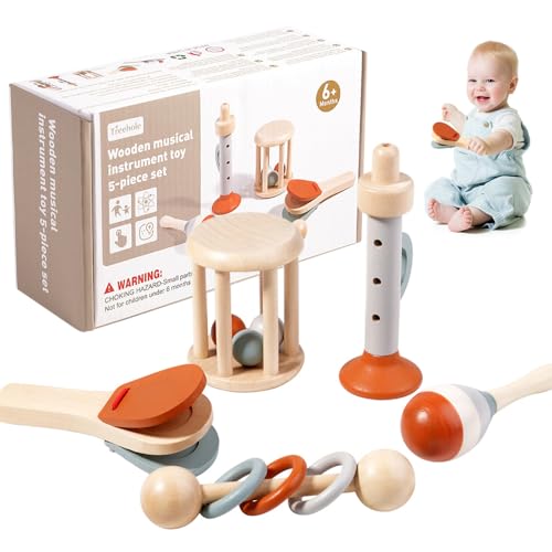 LYPPUL Musikinstrumente für Kinder, Montessori-Holzspielzeug, Kinderspielzeug ab 1 Jahre Percussion Set Musikspielzeug Von 0-1 Jahre Mit Maracas Trompete Kastagnetten Geschenk für Baby von LYPPUL