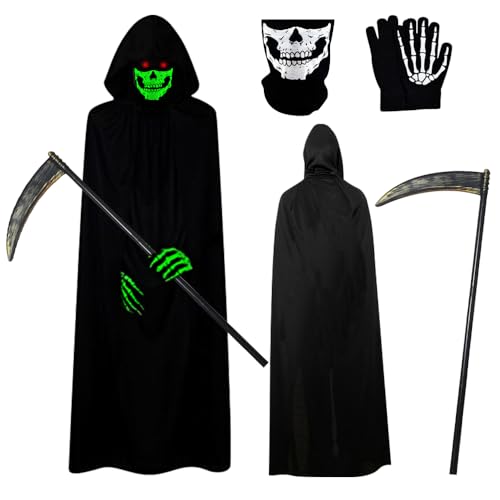 LYPPUL Sensenmann Kostüm, 5 Stücke Sensemann Umhang Set mit Halloween Schädelmaske Sense und Handschuhe,Totenkopf Maske Set, Halloween Kostüm Unisex für Cosplay Halloween Party Totenkopf Kopfbedeckung von LYPPUL