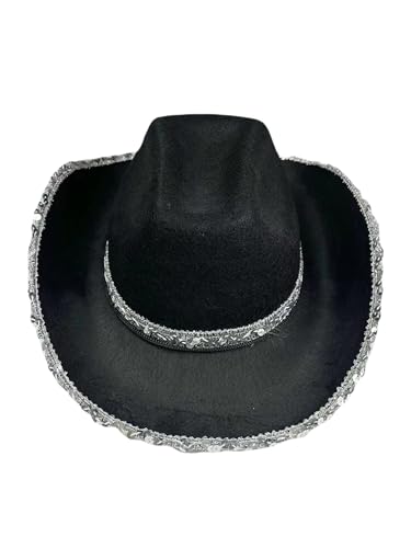 Cowboy-Hut für Erwachsene, Herren, Damen, breite Krempe, hohe Oberseite, glitzernde Kuh-Mädchen-Hüte für Kostüme (A-Schwarz, Einheitsgröße) von LYSINK