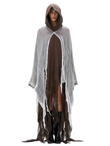 Halloween Vampir Sensenmann Kostüm Erwachsene volle Länge Kapuzenumhang Outfits Mittelalter Maxi Kapuzenumhang (A-Khaki, Einheitsgröße) von LYSINK