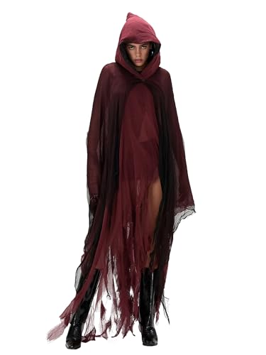 Halloween Vampir Sensenmann Kostüm Erwachsene volle Länge Kapuzenumhang Outfits Mittelalter Maxi-Kapuzenumhang (A-Red, Einheitsgröße) von LYSINK