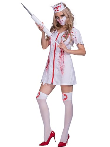 LYSINK Blutige Krankenschwester-Outfits für Damen, Killer-Arzt, Kostüm, Halloween, Cosplay, Zombie-Krankenschwester-Kostüm, Weiß, Einheitsgröße, 3-teilig von LYSINK