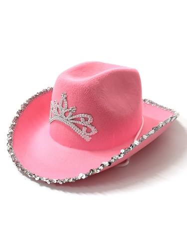 LYSINK Cowboy-Cowgirl-Hut für Erwachsene, breite Krempe, Western-Cowboyhüte, glitzernde Kuh-Mädchen-Hüte für Kostüm, Landparty (rosa Denim, Einheitsgröße) von LYSINK