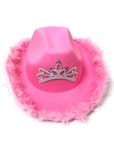 LYSINK Cowboy-Cowgirl-Hut für Erwachsene, breite Krempe, Western-Cowboyhut, glitzernde Kuh-Mädchen-Hüte für Kostüm, Landparty (rosa Flaum, Einheitsgröße) von LYSINK