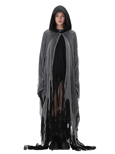 LYSINK Damen Halloween Hexe Umhang Kostüm Crazy Ripped Sensenmann Umhang Zauberin Kapuze Cosplay Requisiten Outfits (A-a-Schwarz, Einheitsgröße) von LYSINK