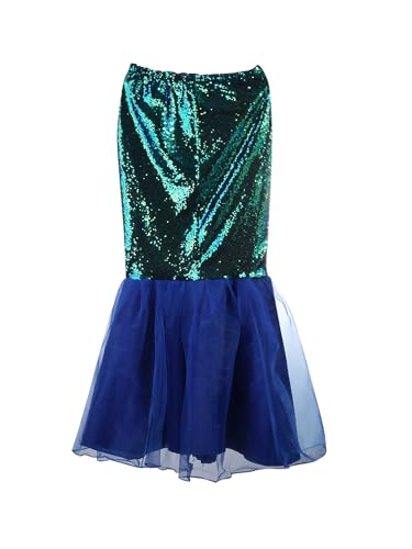 LYSINK Damen Meerjungfrau Kostüm Rock Cosplay Pailletten Langer Schwanz Rock mit Asymmetrischem Netzeinsatz für Karneval Party (A-Blue, XL) von LYSINK