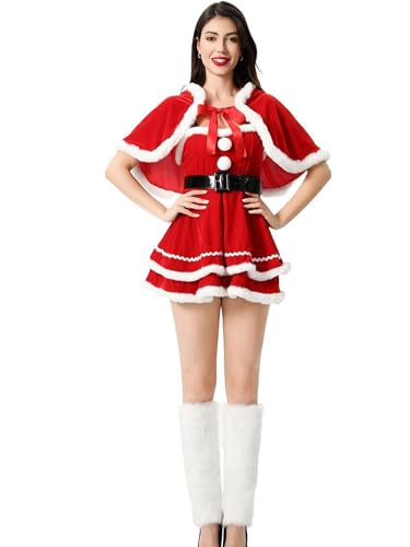 LYSINK Frauenkostüm für Weihnachten, Weihnachtsmann, Plüschsaum, Samt-Minikleid mit Gürtel und Kapuzenumhang, Outfits (A-Red, M) von LYSINK