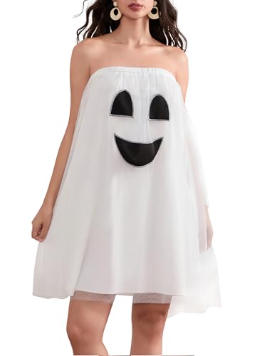 LYSINK Halloween-Geistergesichts-Cosplay-Kostüm für Damen, lustiges weißes gruseliges Mini-Schlauchkleid, trägerloses Babydoll-Tüllkleid (A-a-Weiß, L) von LYSINK