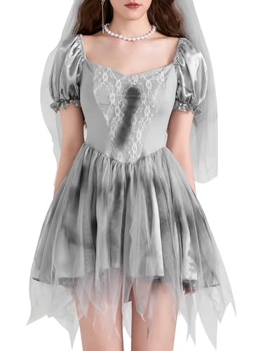 LYSINK Halloween-Minikleid für Damen, Geisterbraut-Minikleid, Herzausschnitt, Tüll, Korsettkleid, Vampir, Zombie-Kostüm, Netz-Stirnband (A-a-Grau, L) von LYSINK