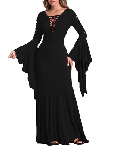 LYSINK Horror Halloween Cosplay Vampirkönigin Kostüm Mittelalter Vintage Fledermaus Langarm V-Ausschnitt Maxikleid Viktorianische Outfits (A-Schwarz, L) von LYSINK