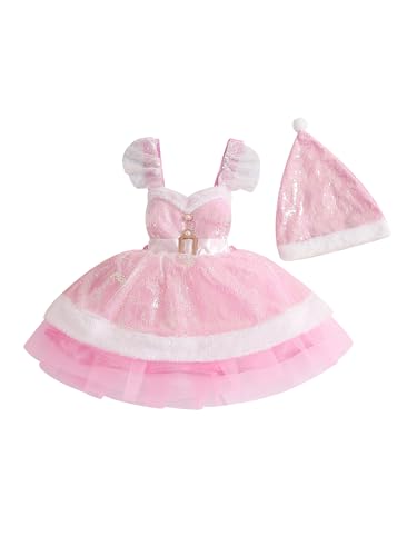 LYSINK Kinder Mädchen Weihnachten Outfit Ärmellos Rückenfrei Pailletten Patchwork Slip Kleid mit Hut für Cosplay Party (A-Pink, 12-18 Monate) von LYSINK