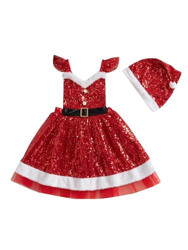 LYSINK Kinder Mädchen Weihnachten Outfit Ärmellos Rückenfrei Pailletten Patchwork Slip Kleid mit Hut für Cosplay Party (A-Red, 12-18 Monate) von LYSINK