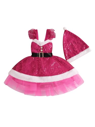 LYSINK Kinder Mädchen Weihnachten Outfit Ärmellos Rückenfrei Pailletten Patchwork Slip Kleid mit Hut für Cosplay Party (A-Rose Rot, 12-18 Monate) von LYSINK