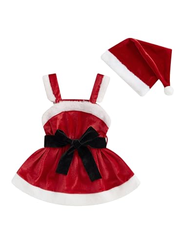 LYSINK Kleinkind Baby Mädchen Weihnachten Outfits Weihnachtsmann Samt Cami Kleid + Nikolausmützen Passende Outfits Dress Up Kostüm (A-Red, 12-18 Monate) von LYSINK