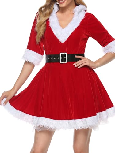 LYSINK Mrs. Claus Santa Hoodie Kostüm für Damen Weihnachten Kurzarm V-Ausschnitt Santas Kleid Urlaub Party Cosplay Anzug (Rot, M) von LYSINK