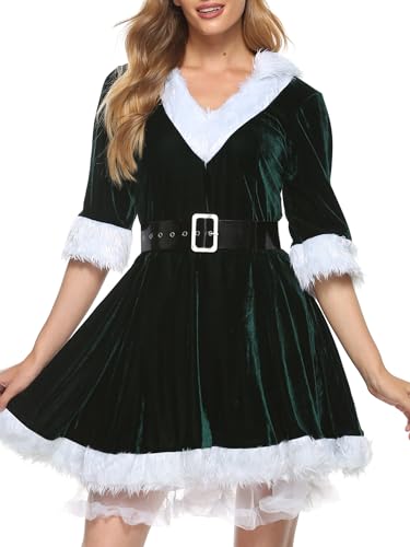 LYSINK Mrs. Claus Weihnachtsmann-Hoodie-Kostüm für Damen, Weihnachten, kurzärmelig, V-Ausschnitt, Weihnachtsmann-Kleid, Urlaub, Party, Cosplay-Anzug (Grün, XXL) von LYSINK