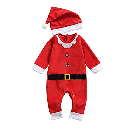 LYSINK Neugeborenes Baby Jungen Mädchen Weihnachten Outfits Weihnachtsmann Elf Kostüme Langarm Strampler Overall und Mütze Weihnachtsset (Bf Red, 0-6 Monate) von LYSINK