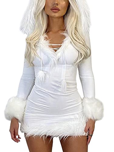 LYSINK Weihnachts-Kostüme für Damen, Plüsch-Kostüm, langärmelig, V-Ausschnitt, flauschiges Mini-Kapuzenkleid, Rollenspiel-Party-Outfits (C-a-White, M) von LYSINK