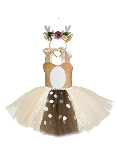 LYSINK Weihnachts-Rentier-Cosplay-Kostüm für Kinder, Baby, Mädchen, niedlicher Strumpfhalter, Tüll, kurzes Kleid, Elch-Stirnband, Party-Outfits (A-Elch, Hellbraun, 11–12 Jahre) von LYSINK