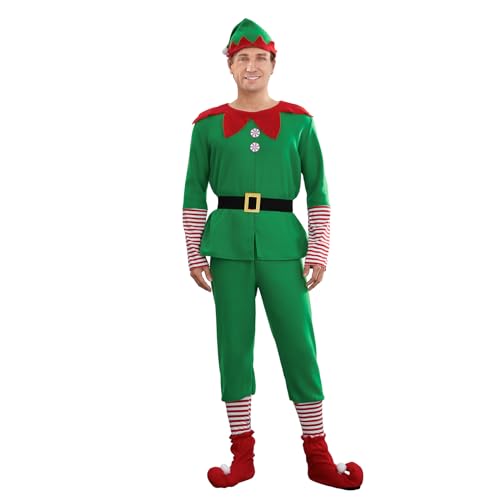 LYSINK Weihnachtselfenkostüm, Kleidung für Eltern-Kind, Weihnachtsmann, Cosplay, Outfit mit Elfenhut, Gürtel, gestreifte Socken, festliches Outfit (Ba, Herren, XL) von LYSINK