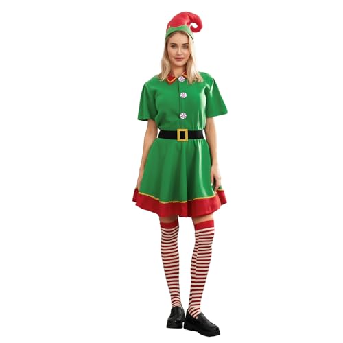 LYSINK Weihnachtselfenkostüm, Kleidung für Eltern-Kind, Weihnachtsmann, Cosplay, Outfit mit Elfenhut, Gürtel, gestreifte Socken, festliches Outfit (Ba Damen, L) von LYSINK