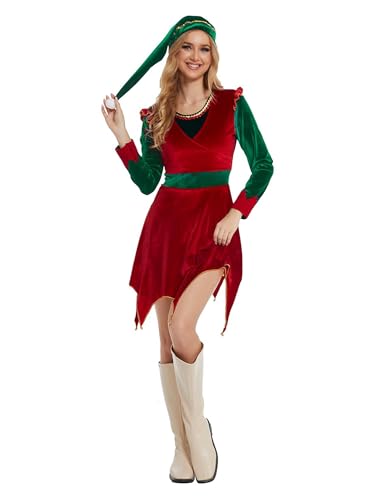 LYSINK Weihnachtselfenkostüm für Damen, Weihnachtsmann, Cosplay, Party-Set, langärmelig, Samt, unregelmäßiger Saum, Kleid mit Hut (A-a-rot, M) von LYSINK