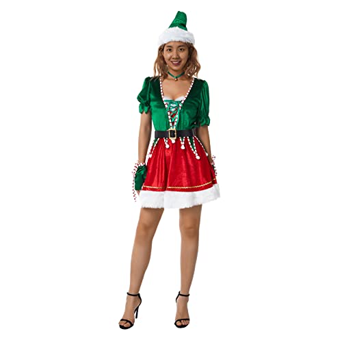 LYSINK Weihnachtselfenkostüm für Erwachsene, Unisex, Deluxe-Weihnachtsmann-Helfer, Cosplay, Kostüm, Weihnachtsbaummantel mit Hose, Outfit für den Urlaub (Ba dunkelgrüne Frau, M) von LYSINK