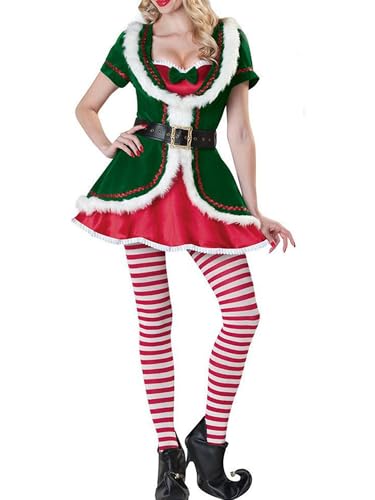 LYSINK Weihnachtselfenkostüm für Erwachsene, passende Outfits für Herren und Damen, Kumpel der Elf, Rollenspiel, Deluxe-Weihnachtsmann-Anzug, Cosplay, komplettes Set (grüne Frau, L) von LYSINK